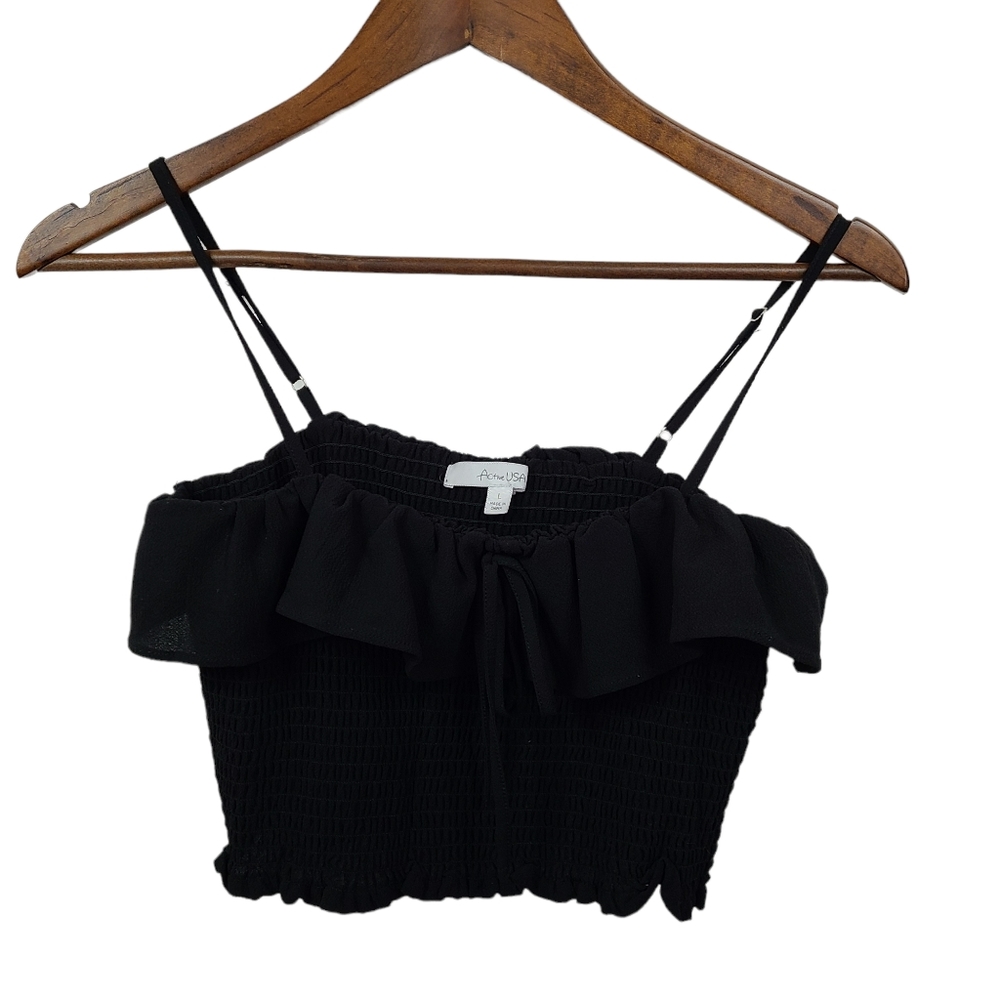 Active USA Black Smocked Sleeveless Crop Top Large
